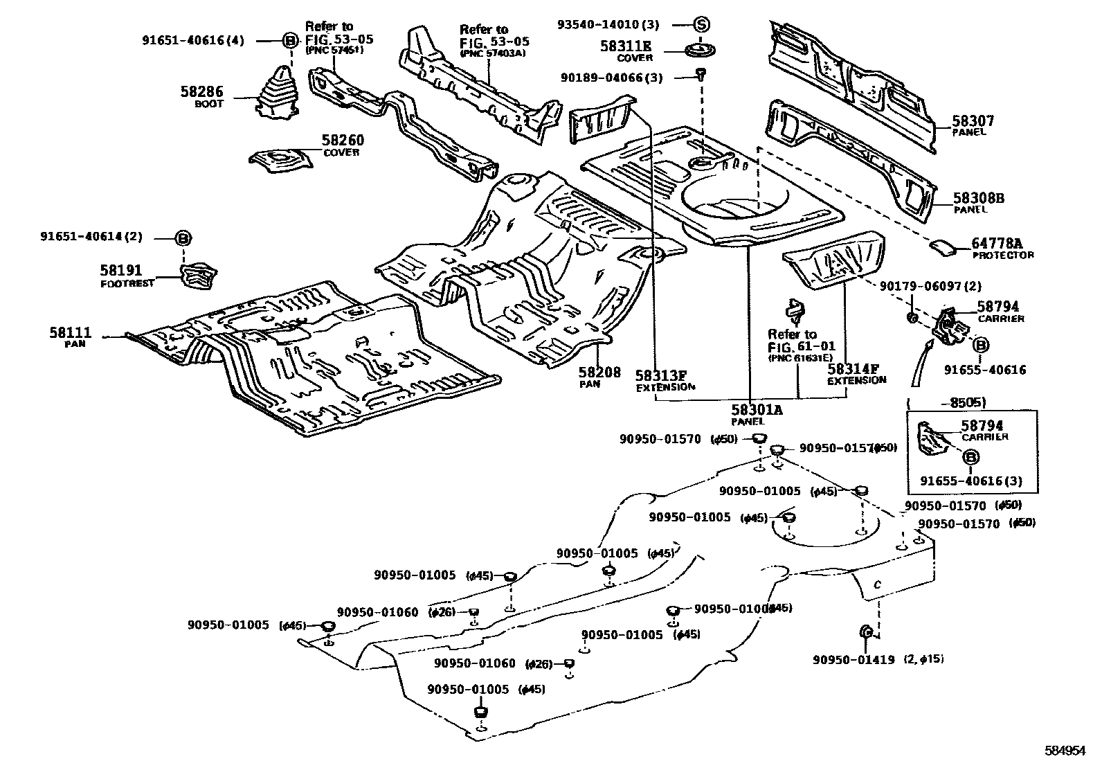 Toyota COROLLA 浅盘形地板和车身下背板 EPC diagram — 584954