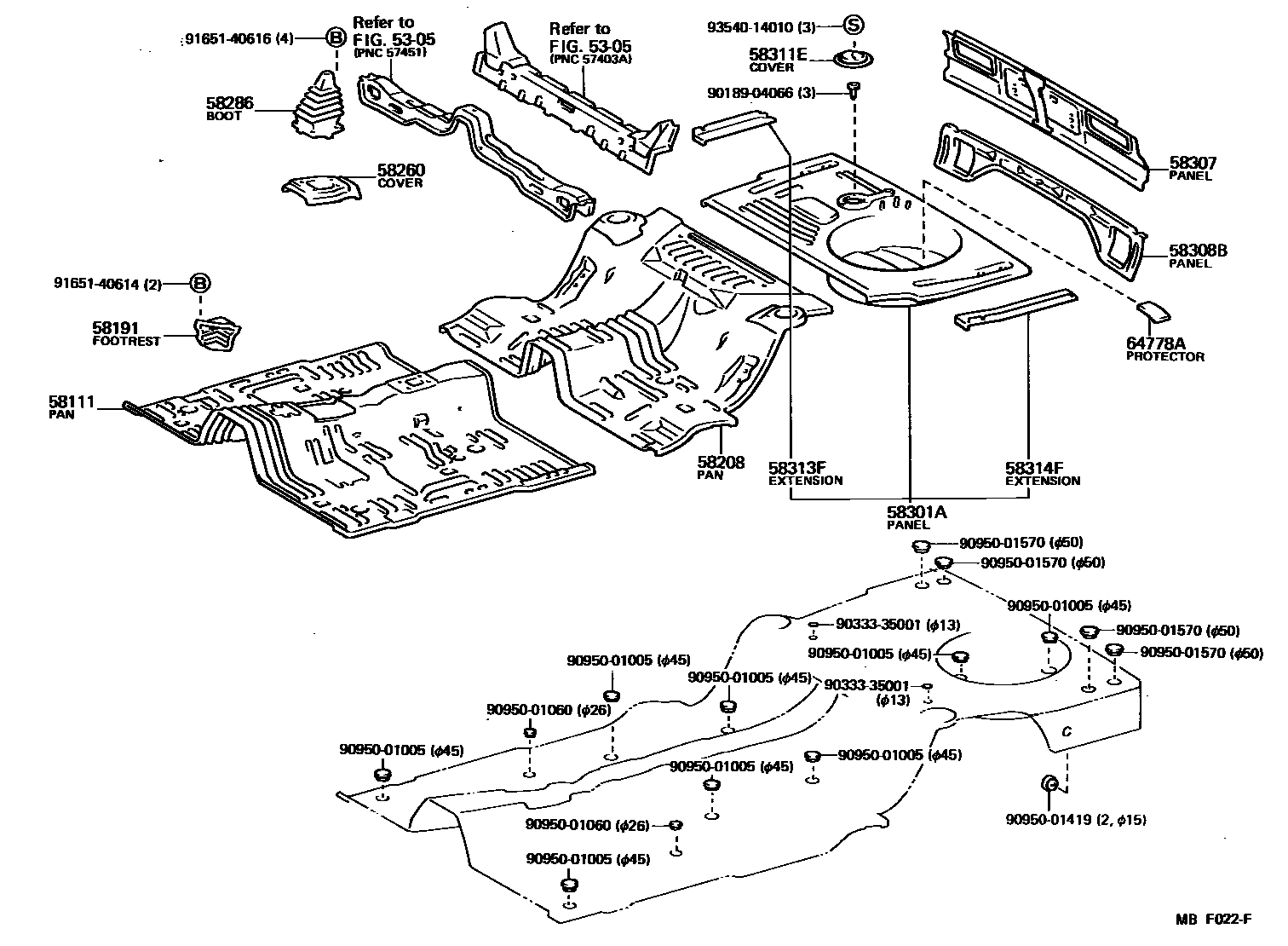 Toyota COROLLA 浅盘形地板和车身下背板 EPC diagram — MBF022F