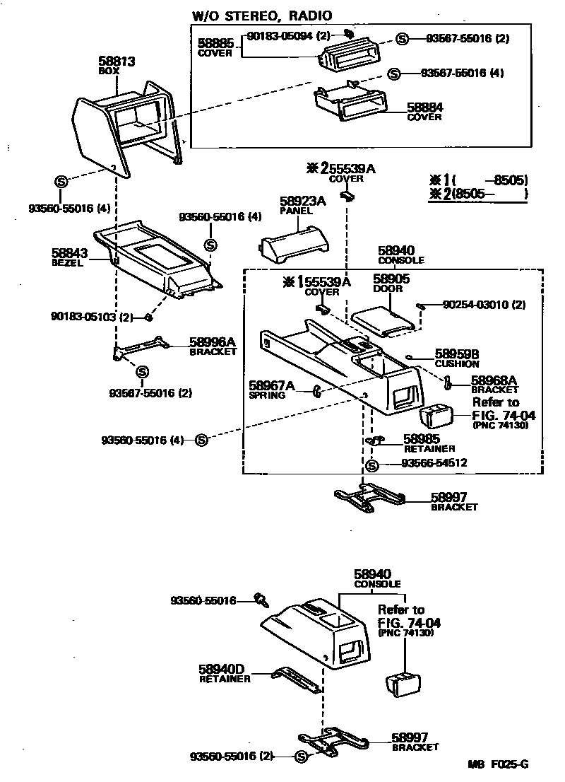 Toyota COROLLA 中央扶手箱和支架 EPC diagram — MBF025G