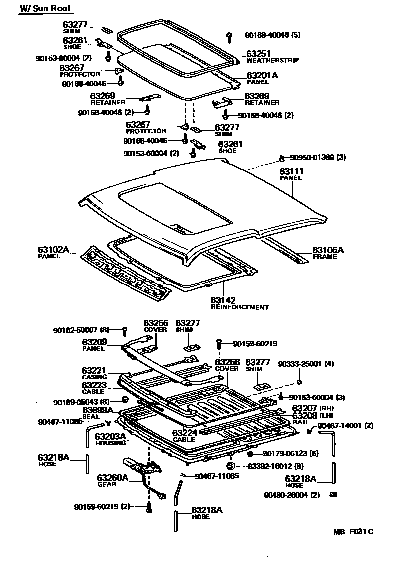 Toyota COROLLA 天窗板和背窗玻璃 EPC diagram — MBF031C