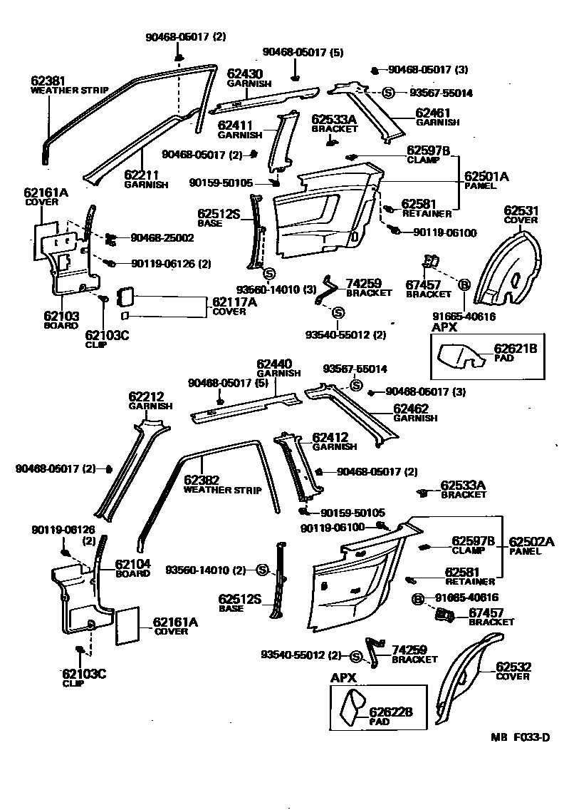 Toyota COROLLA 内饰板和车门防水胶条 EPC diagram — MBF033D