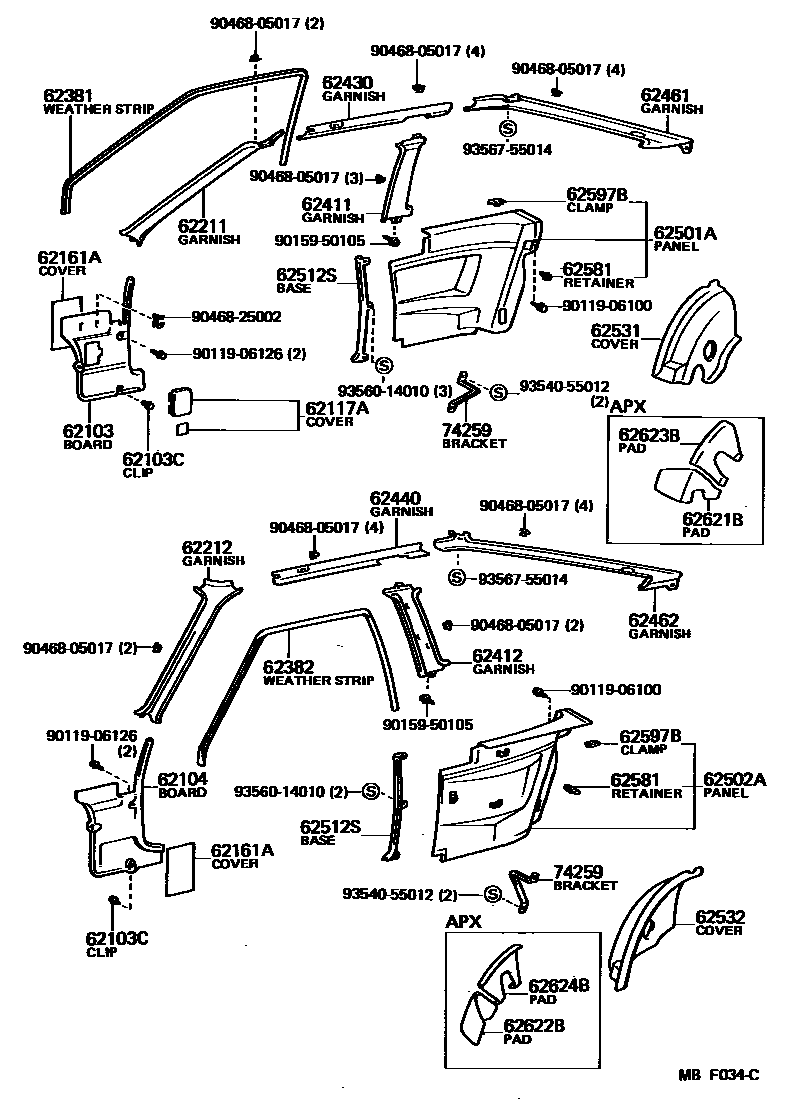 Toyota COROLLA 内饰板和车门防水胶条 EPC diagram — MBF034C