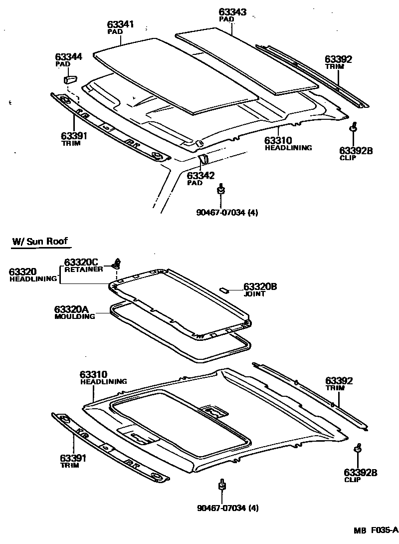 Toyota COROLLA 车顶内衬和消声垫 EPC diagram — MBF035A