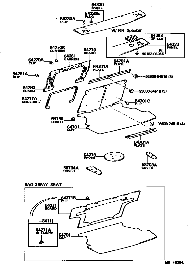 Toyota COROLLA 杂物箱板和行李箱垫 EPC diagram — MBF036E