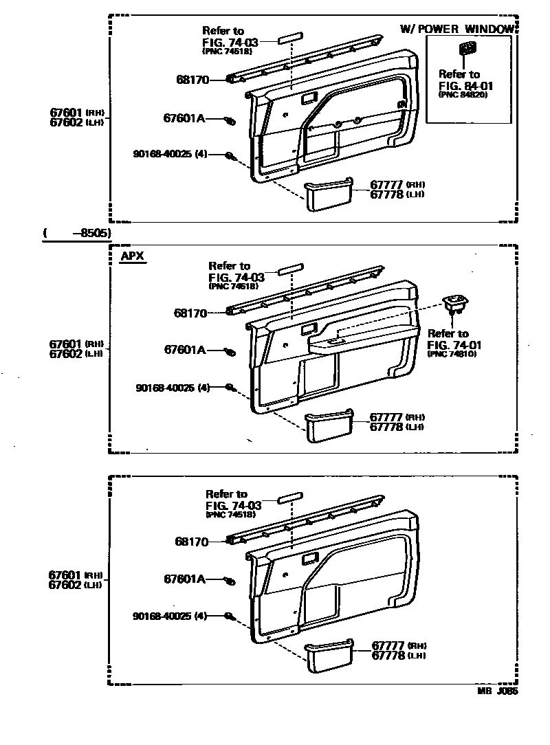 Toyota COROLLA 前门板和前门玻璃 EPC diagram — MBJ085