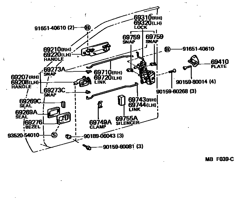 Toyota COROLLA 前门锁和车门把手 EPC diagram — MBF039C