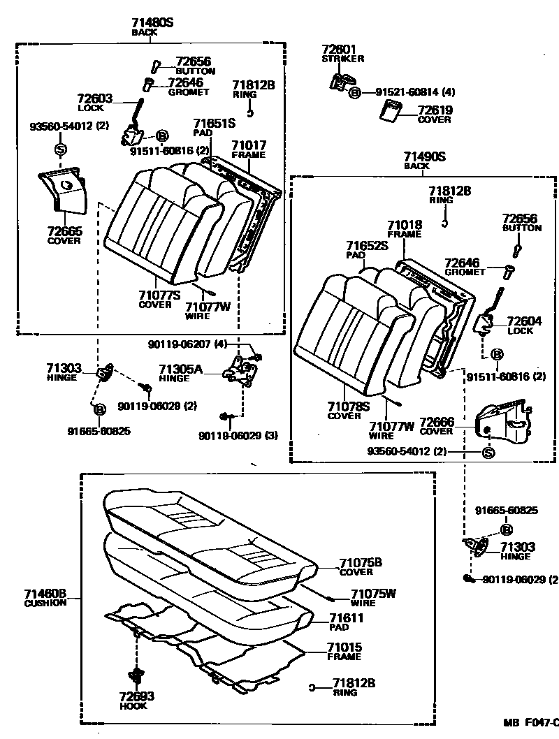 Toyota COROLLA 后排座椅和座椅滑轨 EPC diagram — MBF047C