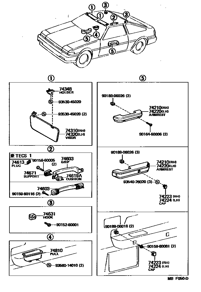 Toyota COROLLA 扶手和遮阳板 EPC diagram — MBF050D