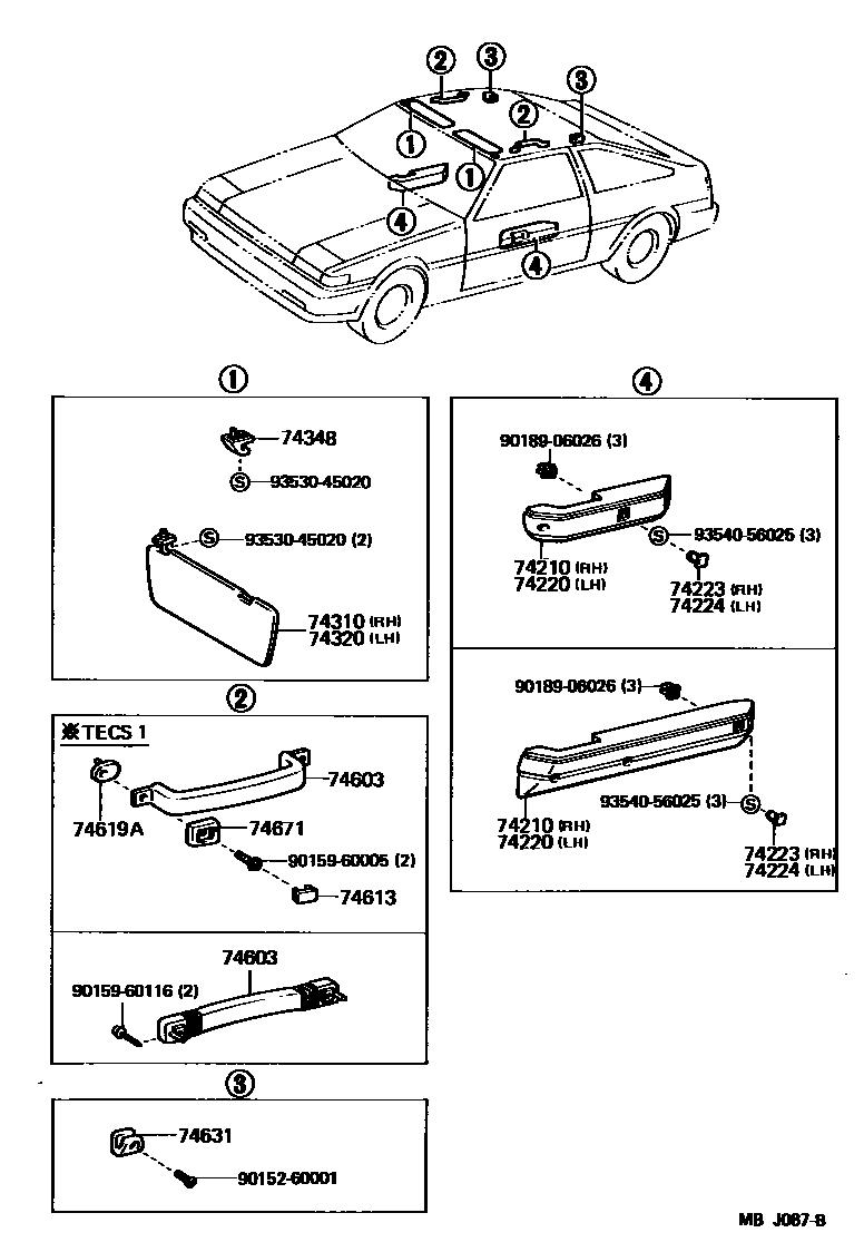 Toyota COROLLA 扶手和遮阳板 EPC diagram — MBJ087B