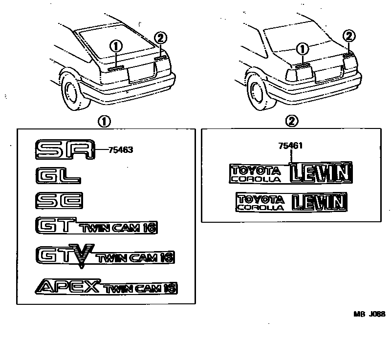 Toyota COROLLA 丰田徽标和铭牌(车外和车内) EPC diagram — MBJ088