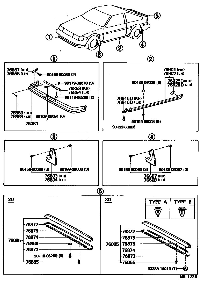 Toyota COROLLA 挡泥板和扰流板 EPC diagram — MBL349