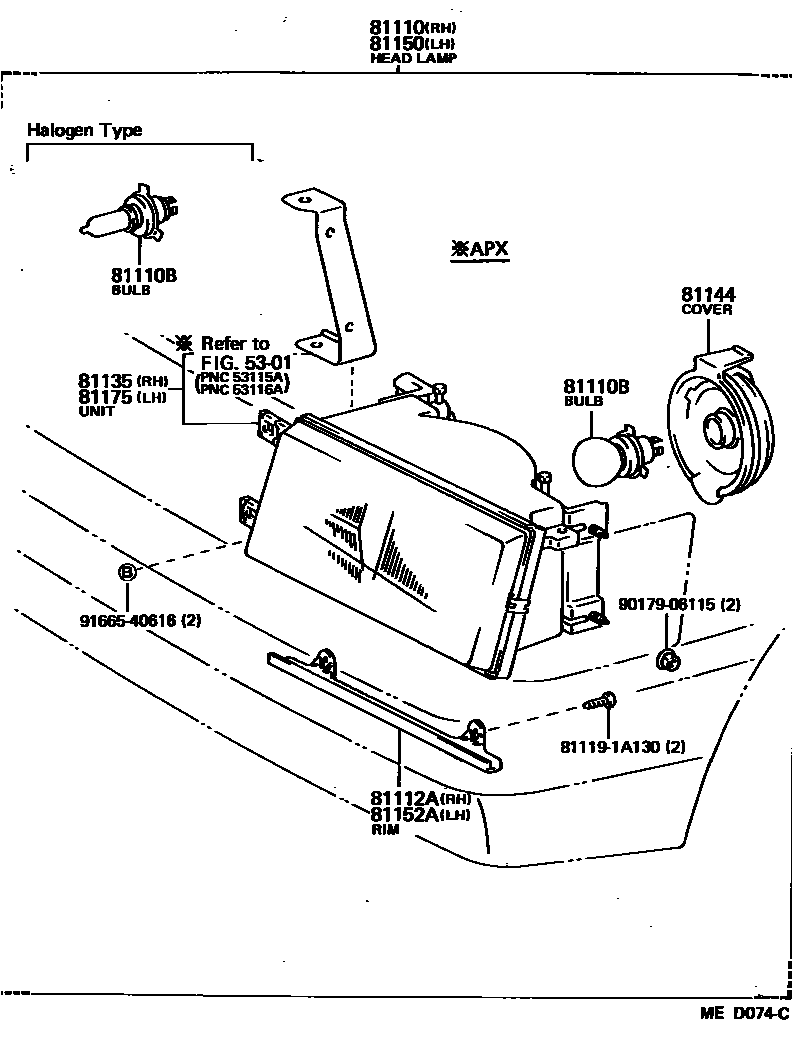 Toyota COROLLA Headlamp EPC diagram — MED074C