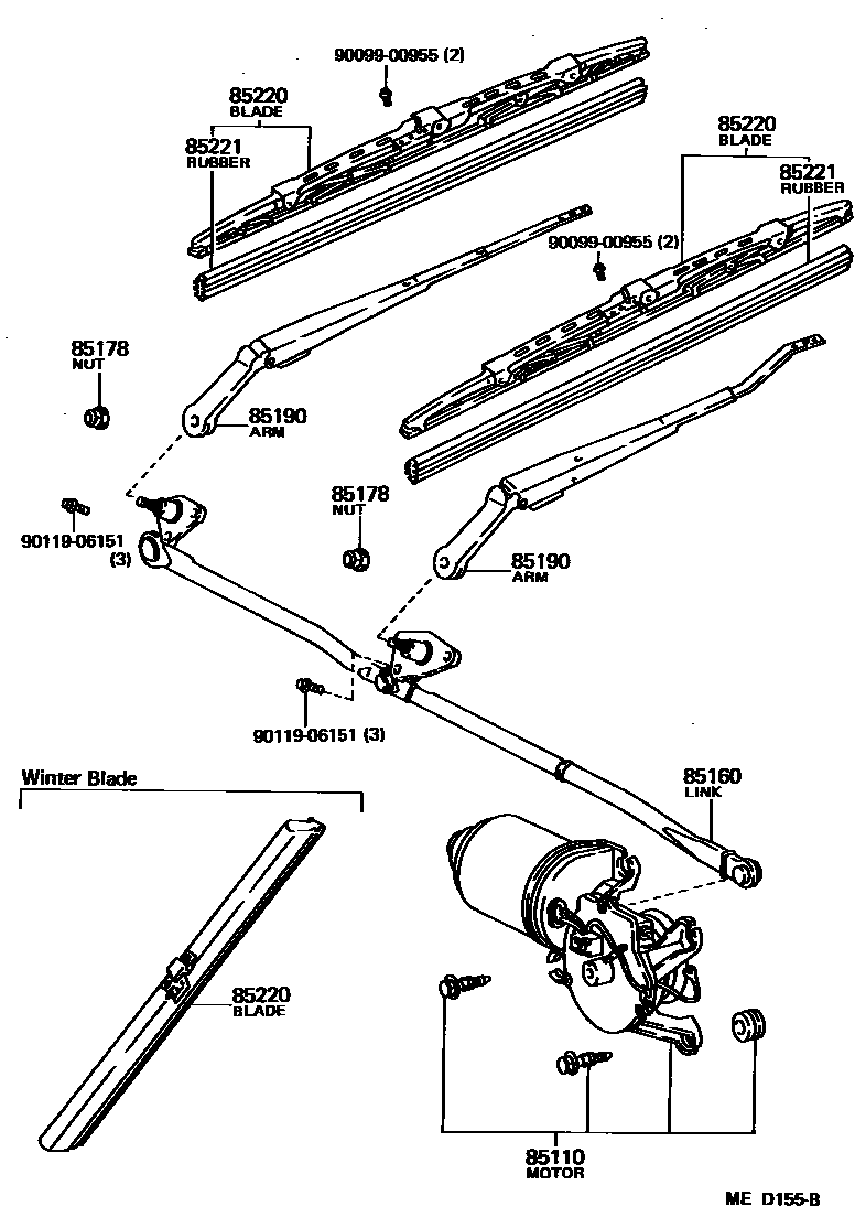 Toyota COROLLA 挡风玻璃刮水器 EPC diagram — MED155B