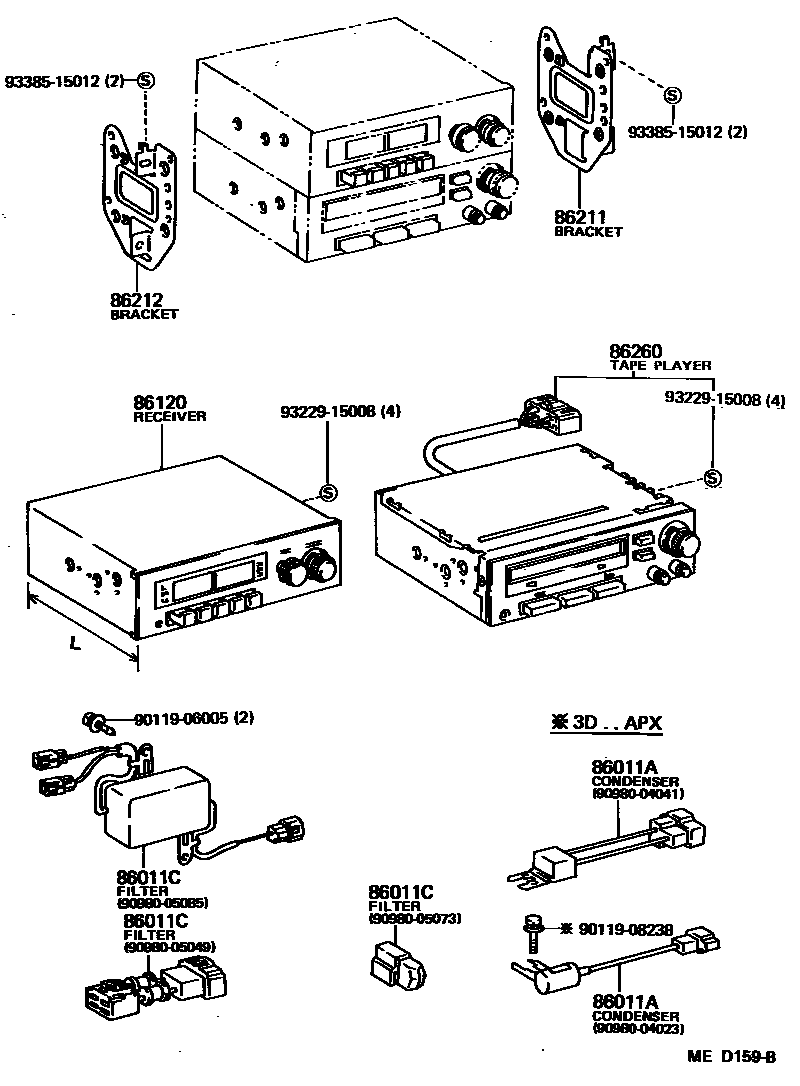 Toyota COROLLA 收音机、放大器和冷凝器 EPC diagram — MED159B