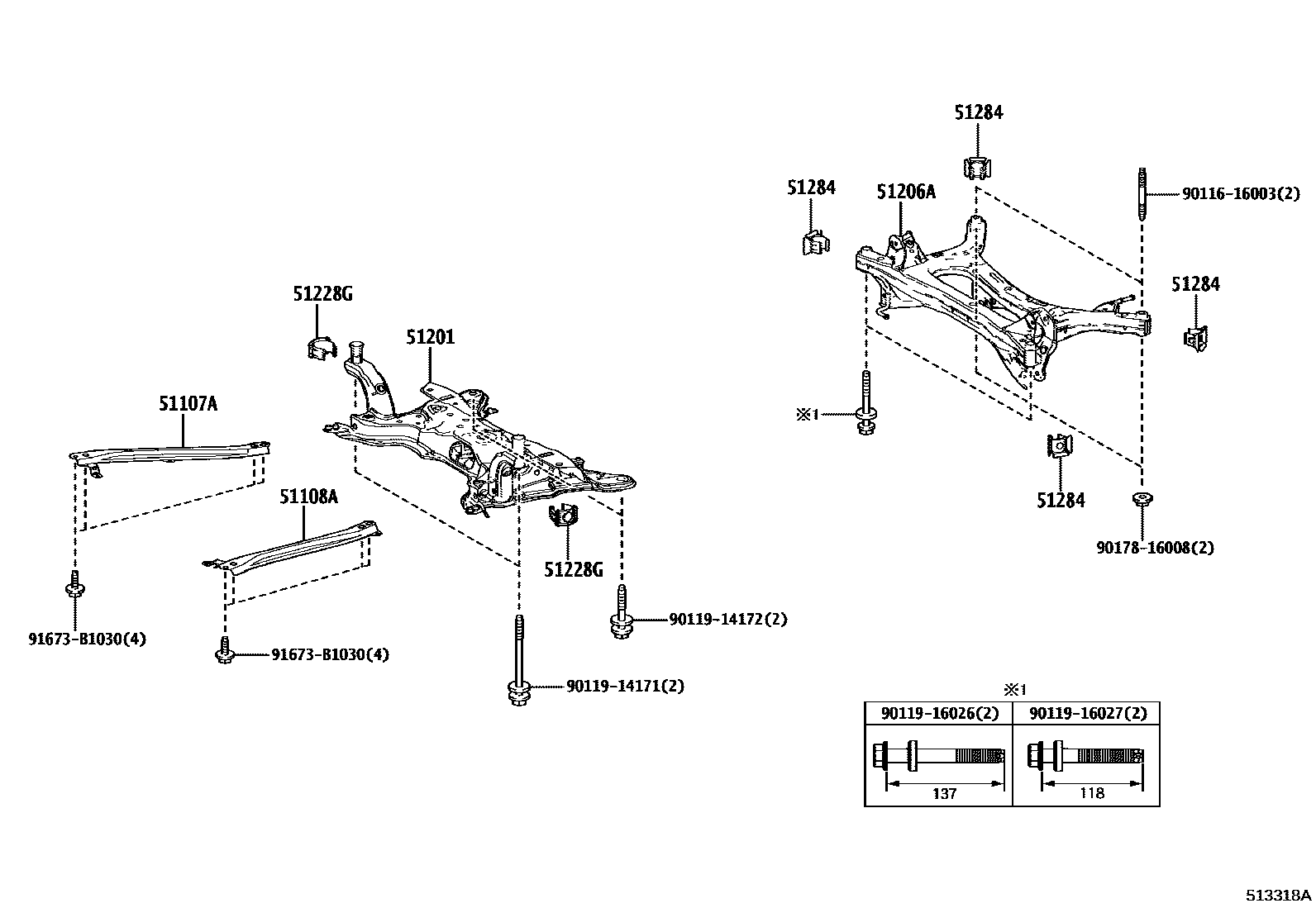 Toyota COROLLA 悬架横梁和发动机底罩 EPC diagram — 513318A