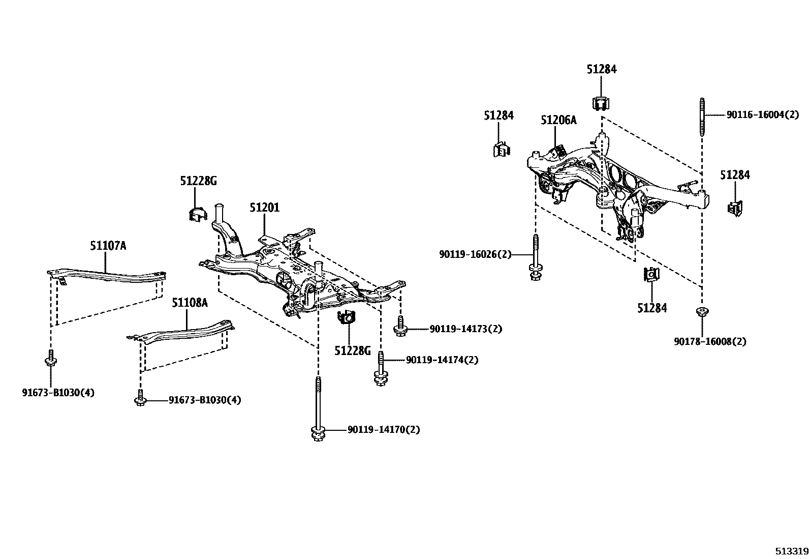 Toyota COROLLA 悬架横梁和发动机底罩 EPC diagram — 513319