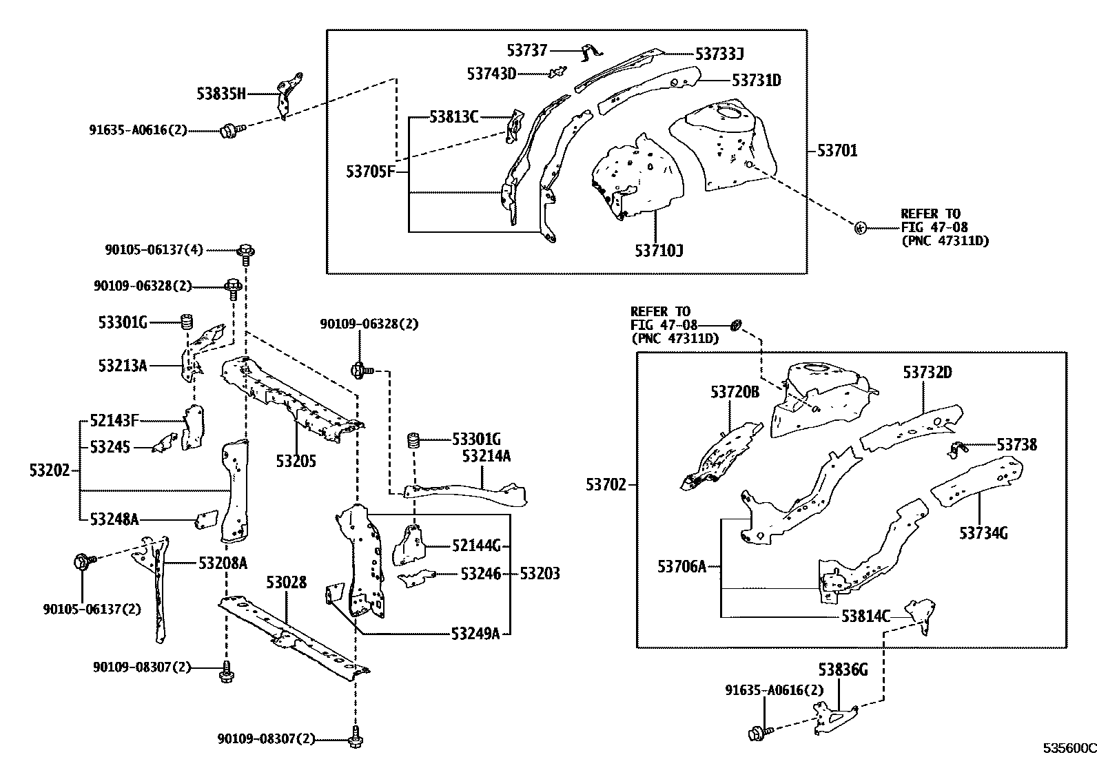 Toyota COROLLA 前翼子板挡泥板和前围板 EPC diagram — 535600C