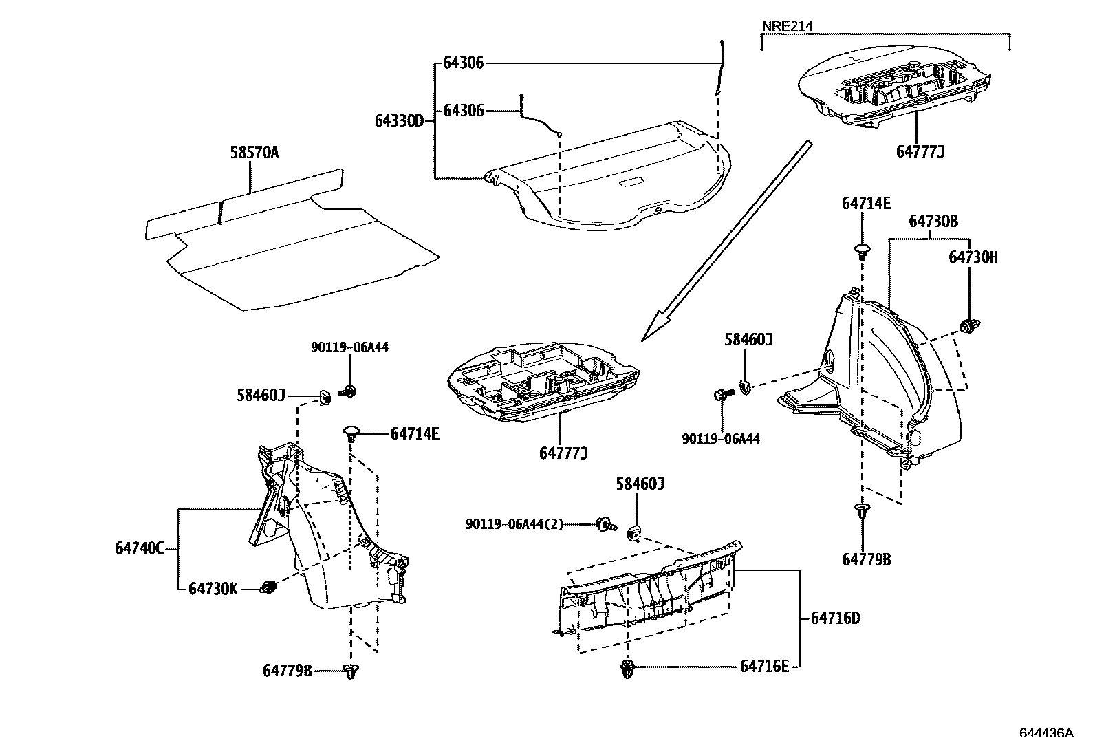 Toyota COROLLA 底板和底板装饰罩 EPC diagram — 644436A