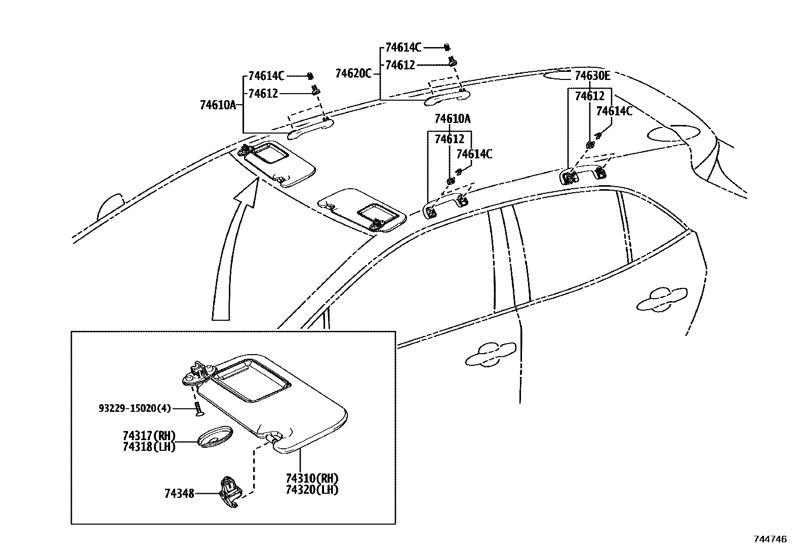 Toyota COROLLA 扶手和遮阳板 EPC diagram — 744746