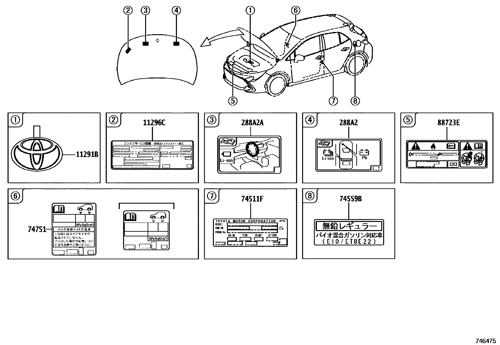Toyota COROLLA 警示铭牌(车外和车内) EPC diagram — 746475