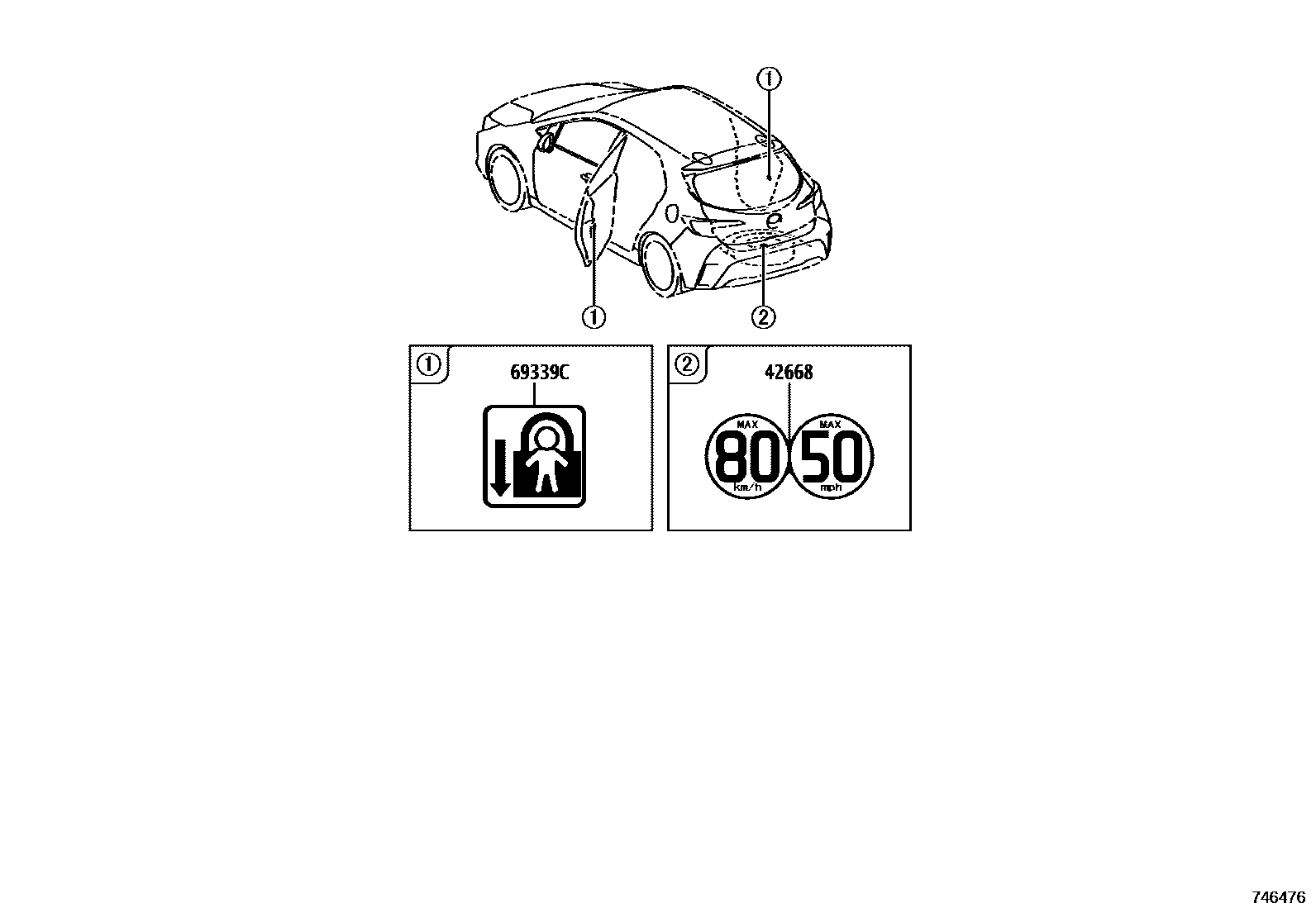 Toyota COROLLA 警示铭牌(车外和车内) EPC diagram — 746476