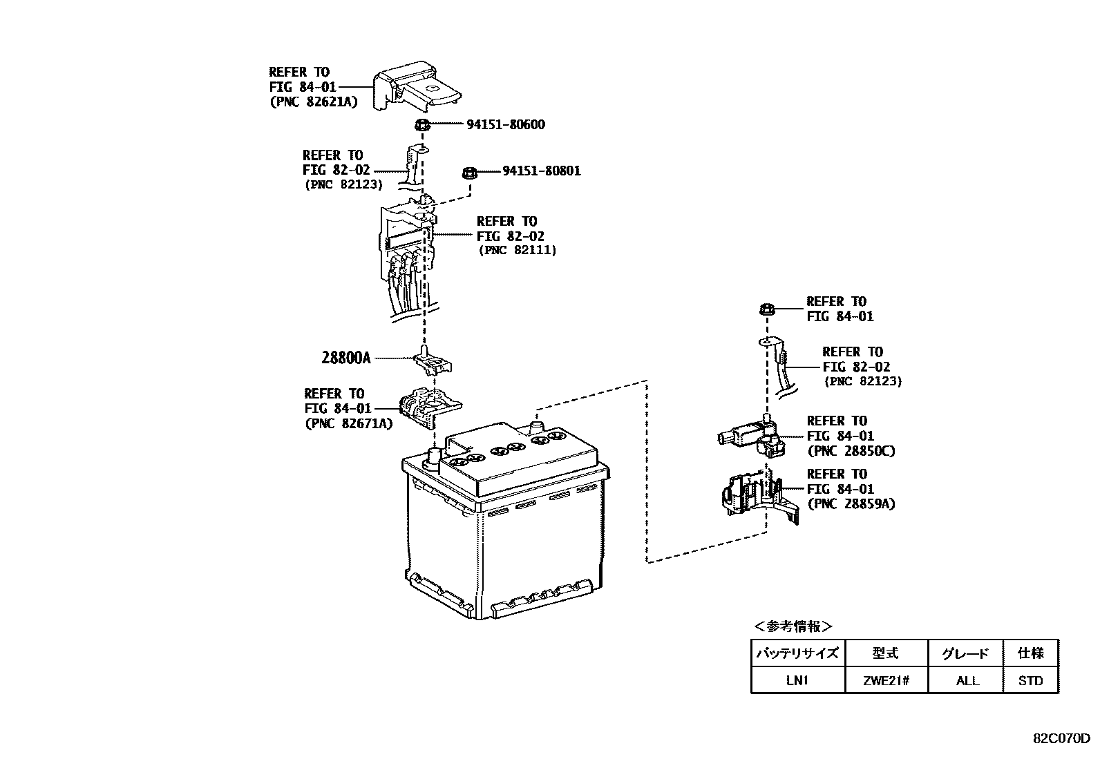 Toyota COROLLA 蓄电池和蓄电池电缆 EPC diagram — 82C070D