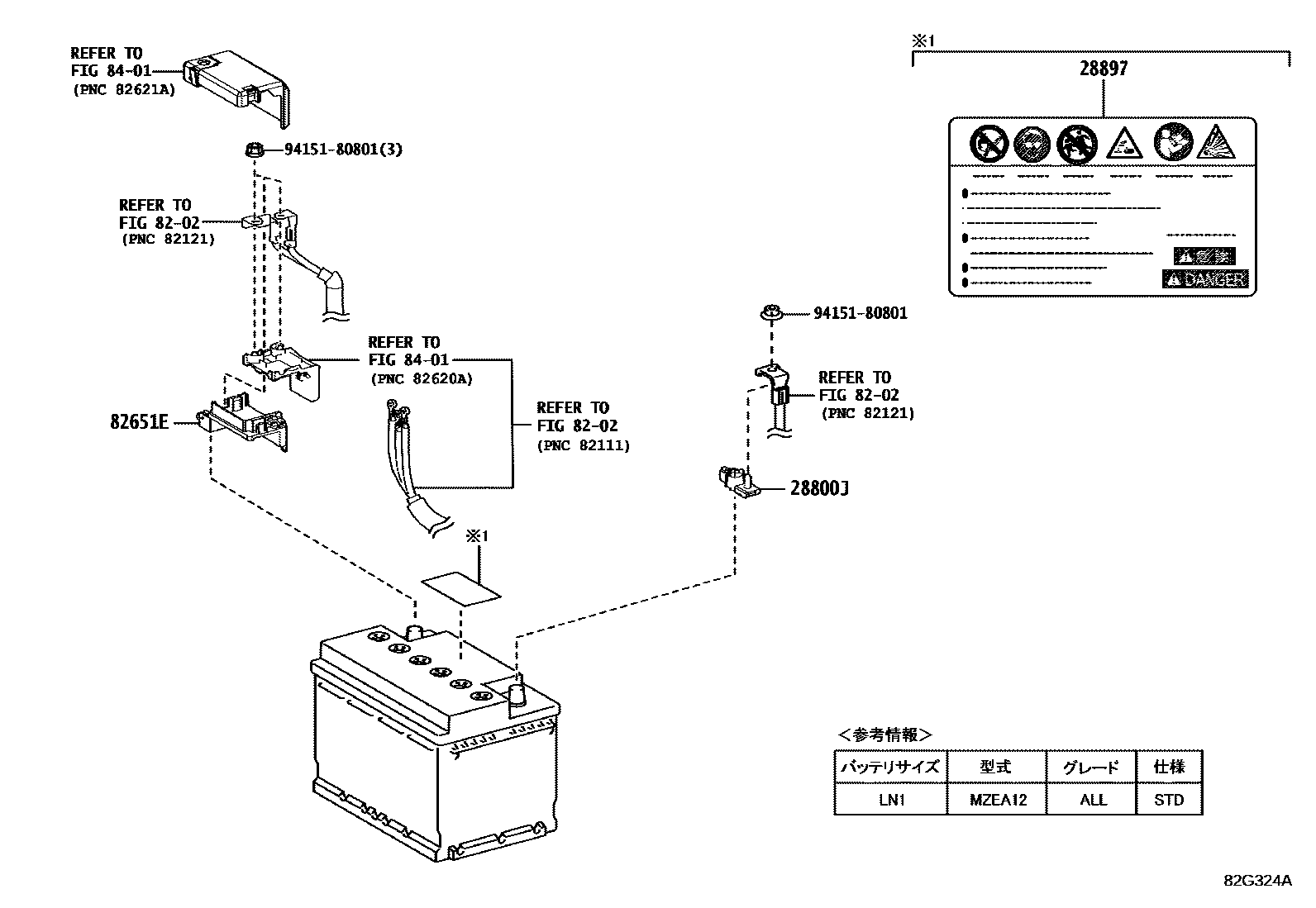 Toyota COROLLA 蓄电池和蓄电池电缆 EPC diagram — 82G324A