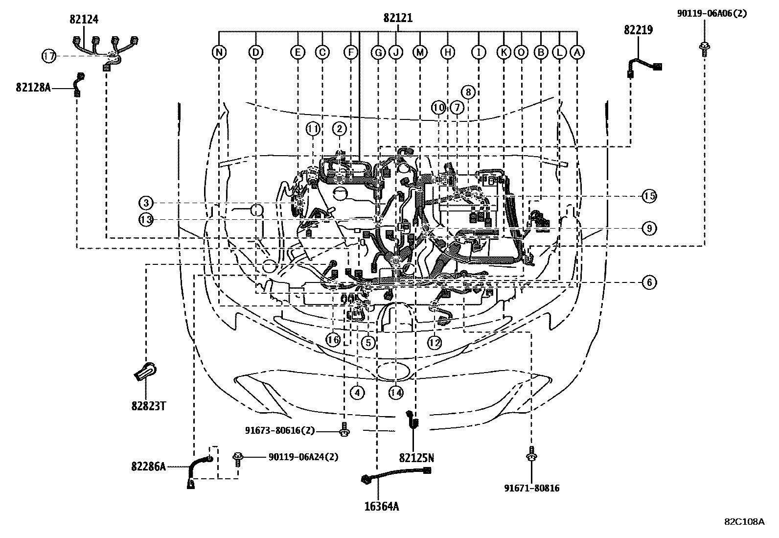 Toyota COROLLA 线束和卡夹 EPC diagram — 82C108A