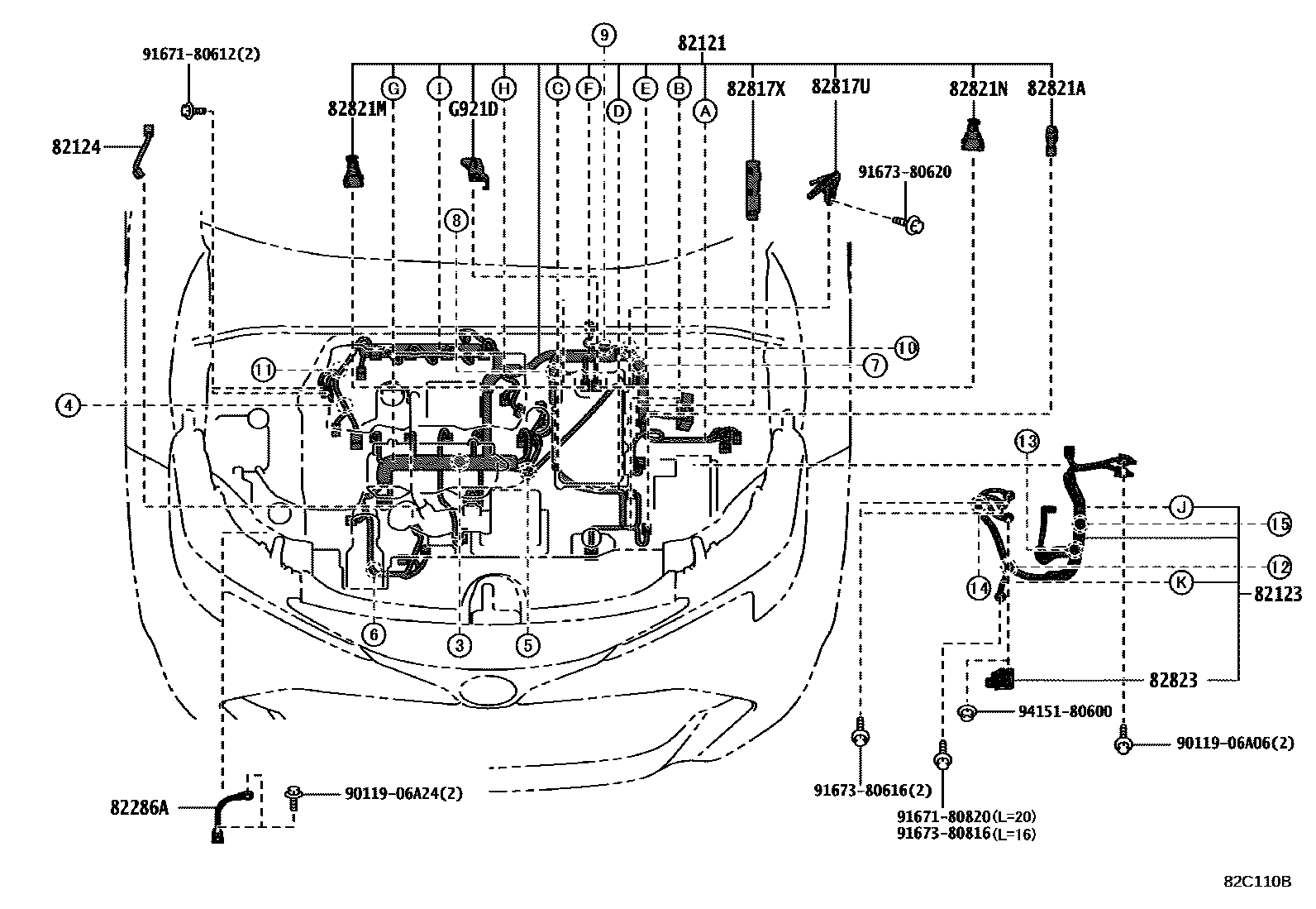 Toyota COROLLA 线束和卡夹 EPC diagram — 82C110B
