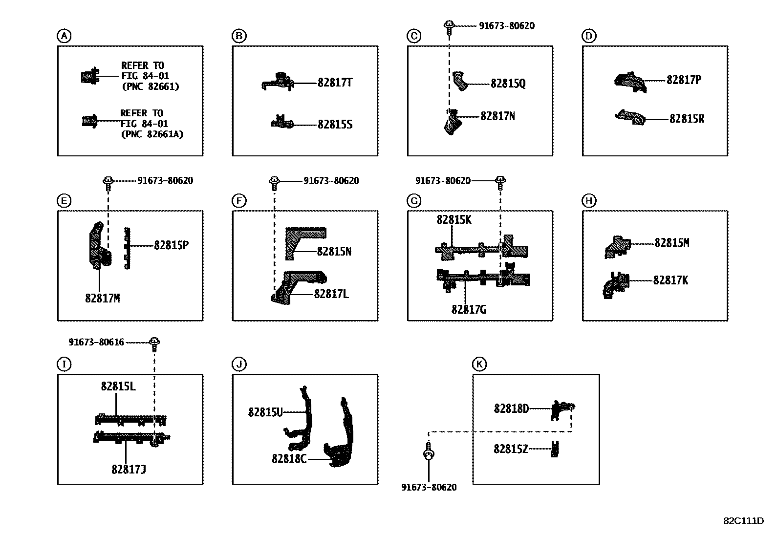 Toyota COROLLA 线束和卡夹 EPC diagram — 82C111D