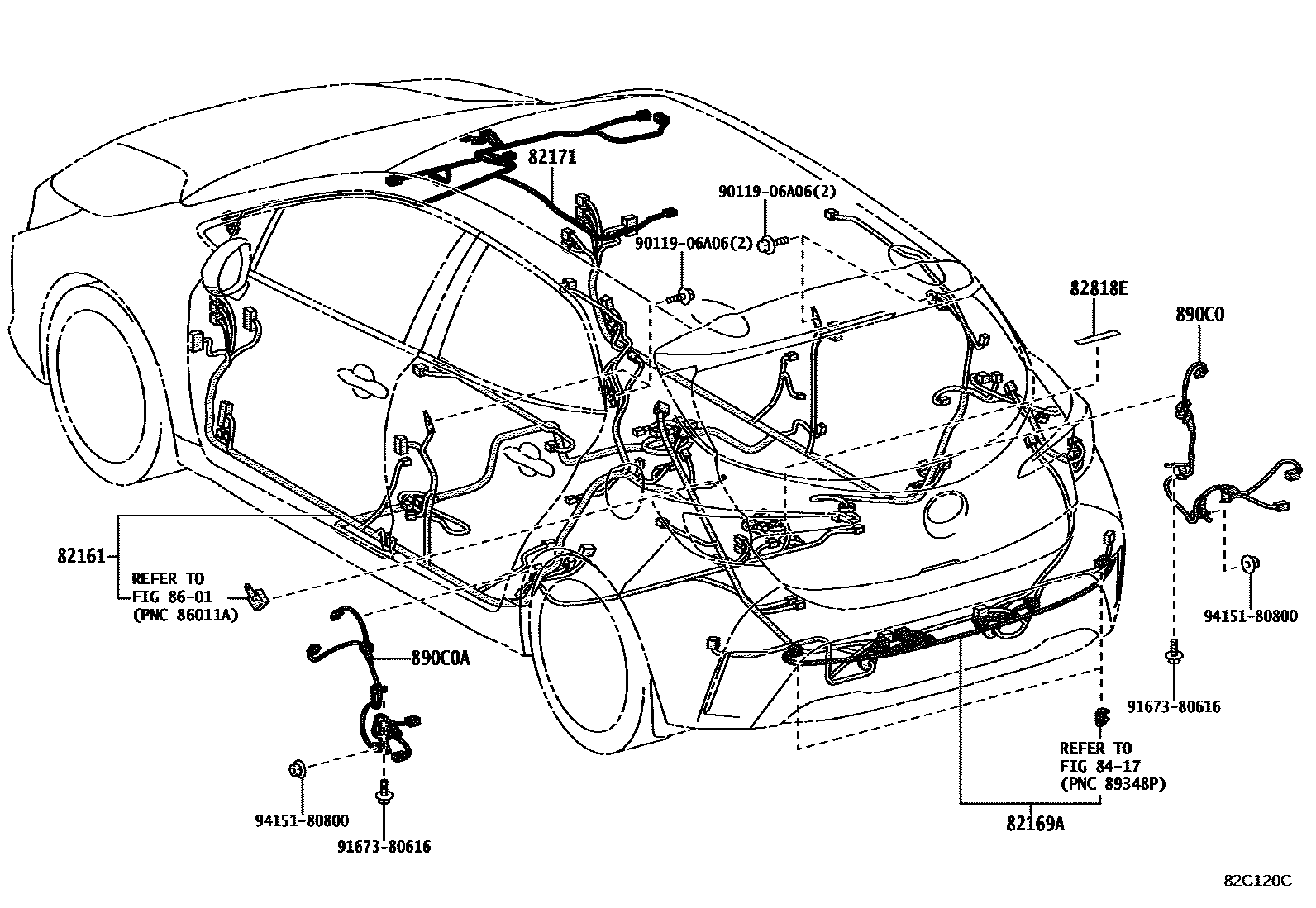 Toyota COROLLA 线束和卡夹 EPC diagram — 82C120C
