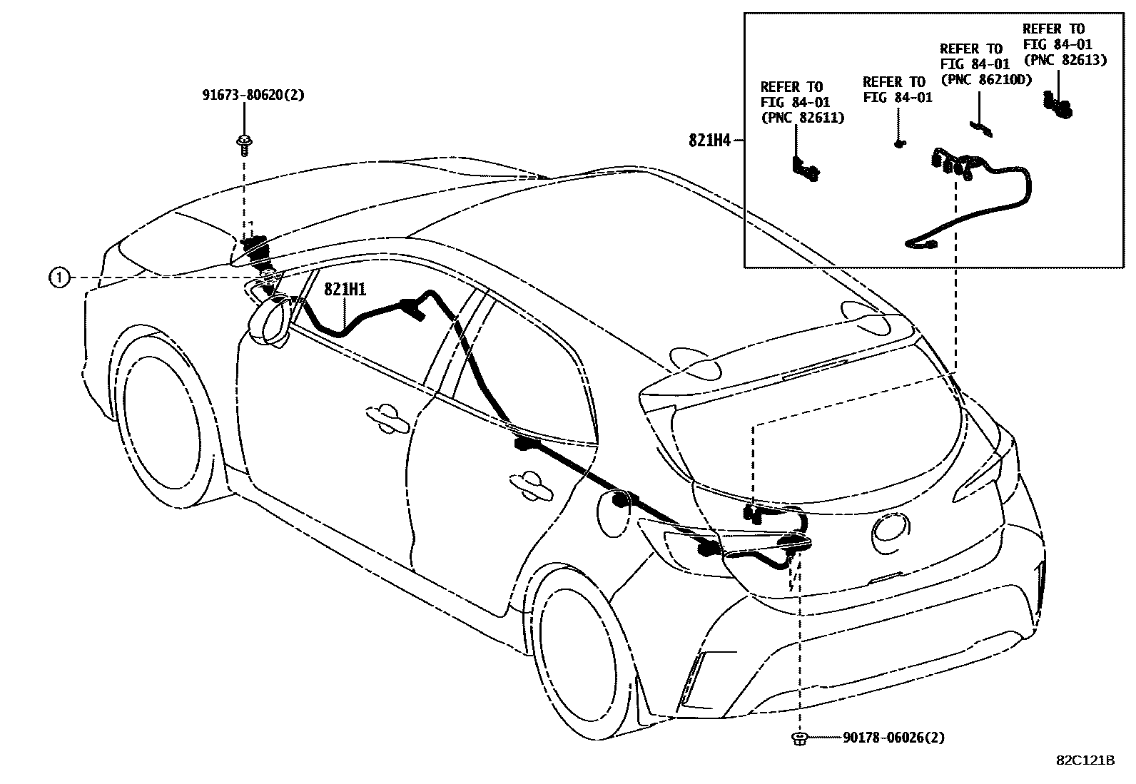 Toyota COROLLA 线束和卡夹 EPC diagram — 82C121B