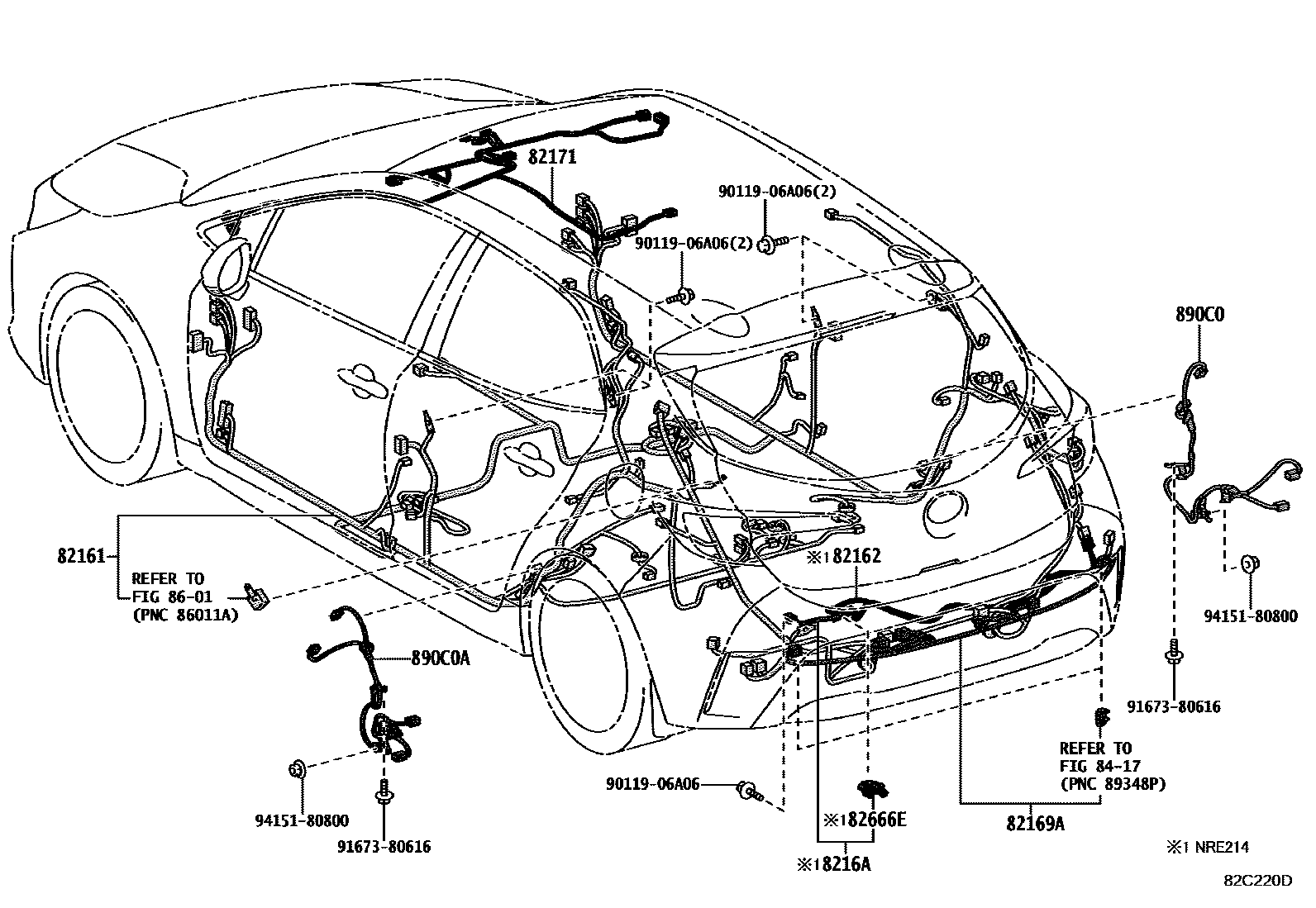 Toyota COROLLA 线束和卡夹 EPC diagram — 82C220D