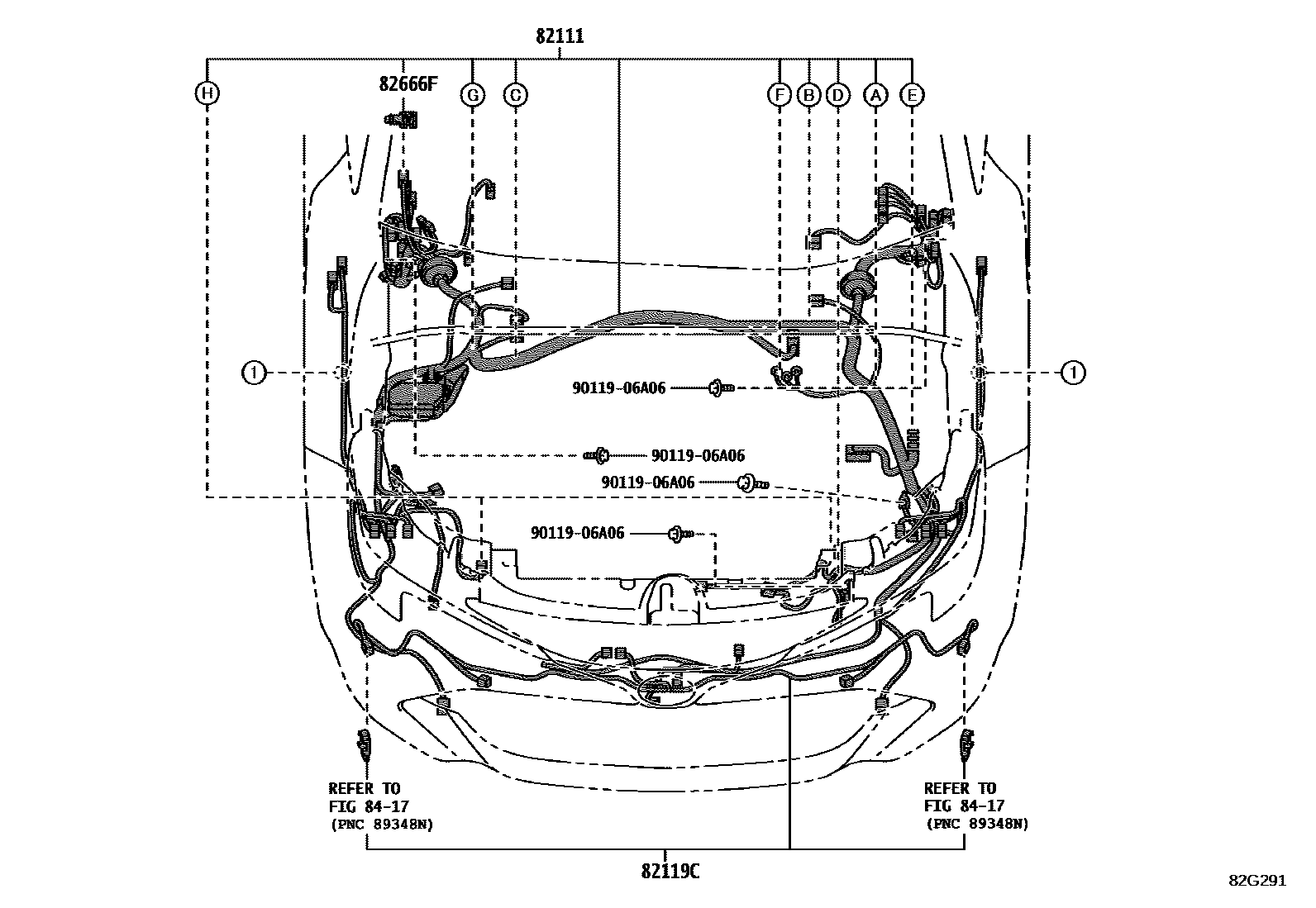 Toyota COROLLA 线束和卡夹 EPC diagram — 82G291