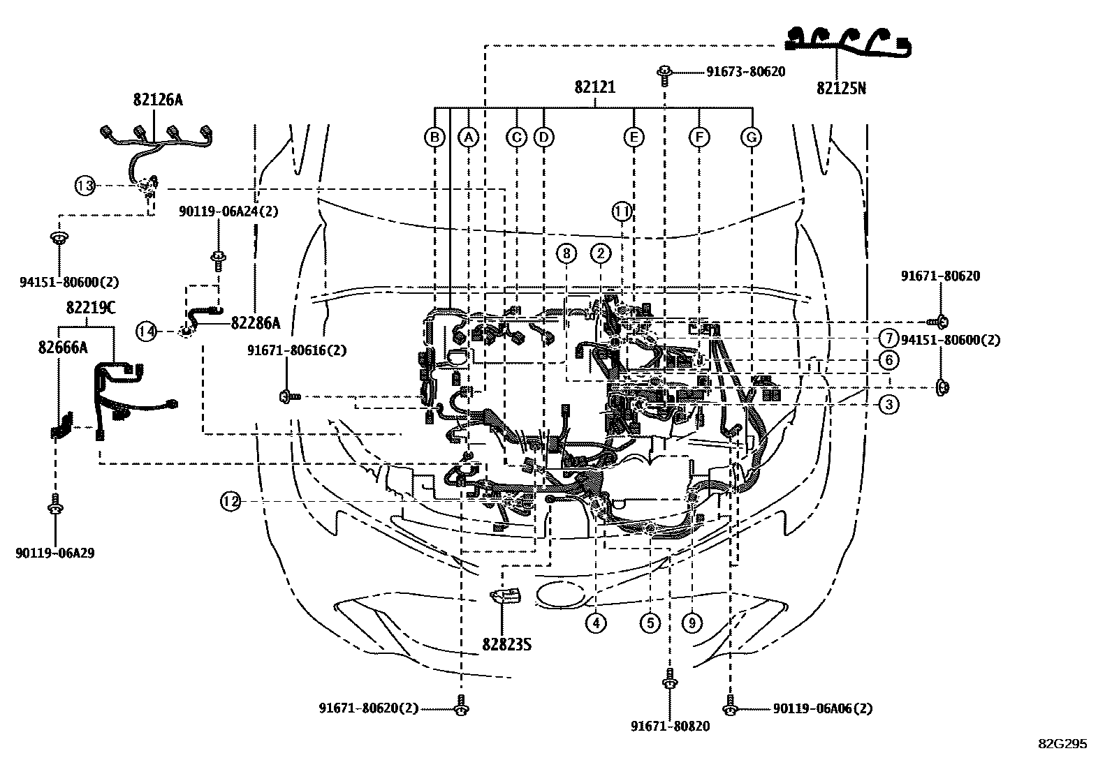 Toyota COROLLA 线束和卡夹 EPC diagram — 82G295