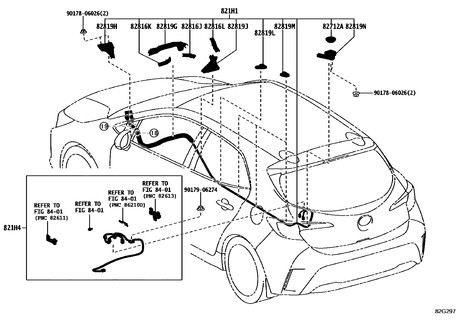 Toyota COROLLA 线束和卡夹 EPC diagram — 82G297