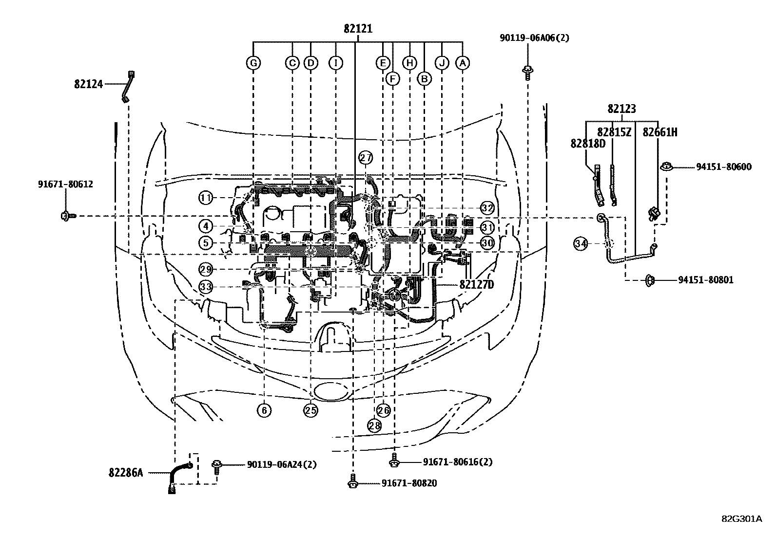Toyota COROLLA 线束和卡夹 EPC diagram — 82G301A