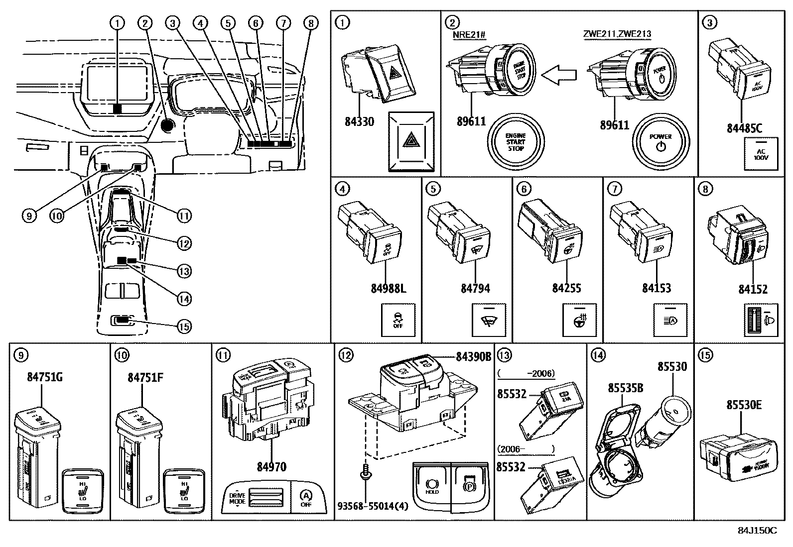 Toyota COROLLA 开关和继电器和ECU EPC diagram — 84J150C