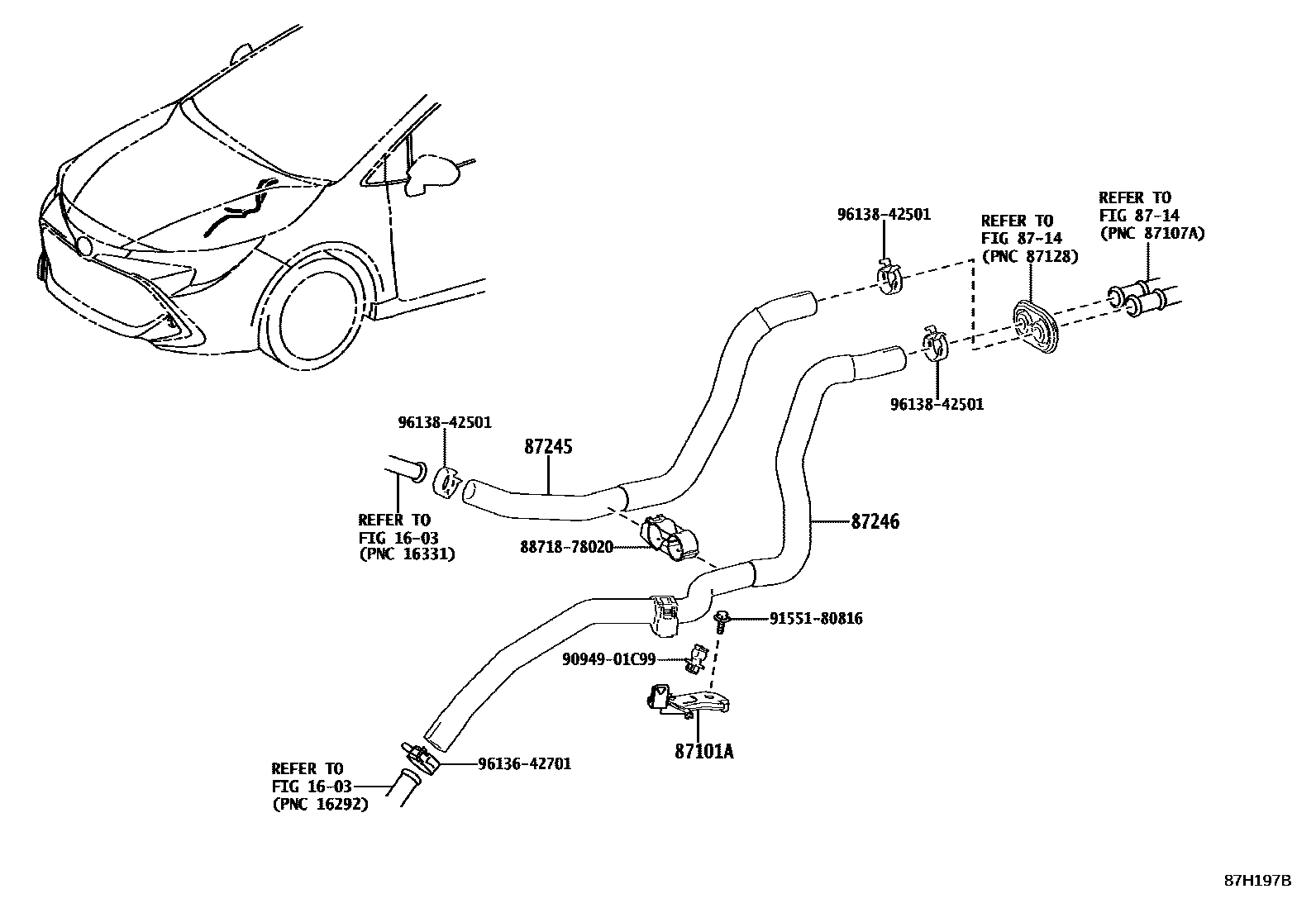 Toyota COROLLA 暖风和空调系统 - 水管 EPC diagram — 87H197B