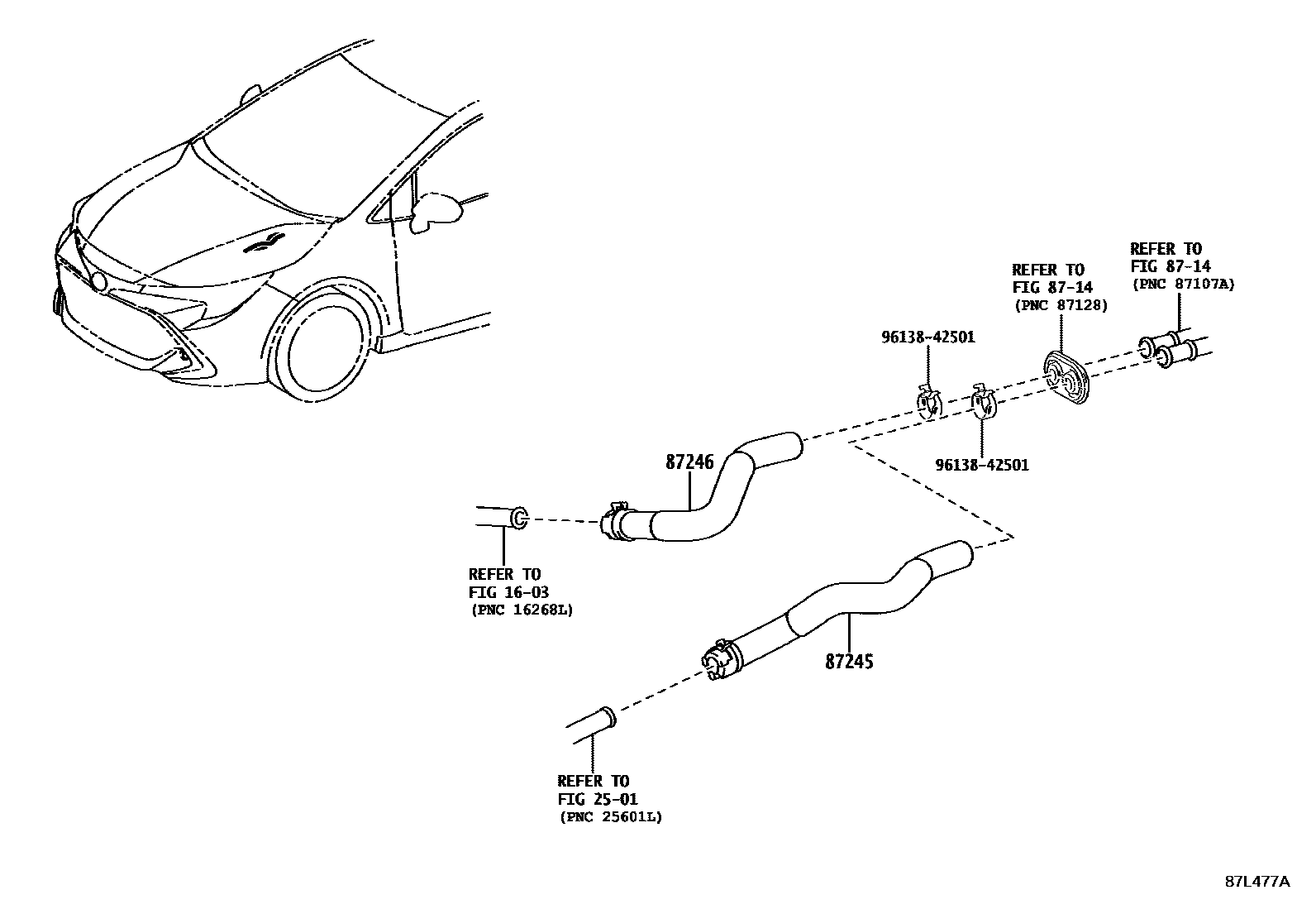Toyota COROLLA 暖风和空调系统 - 水管 EPC diagram — 87L477A