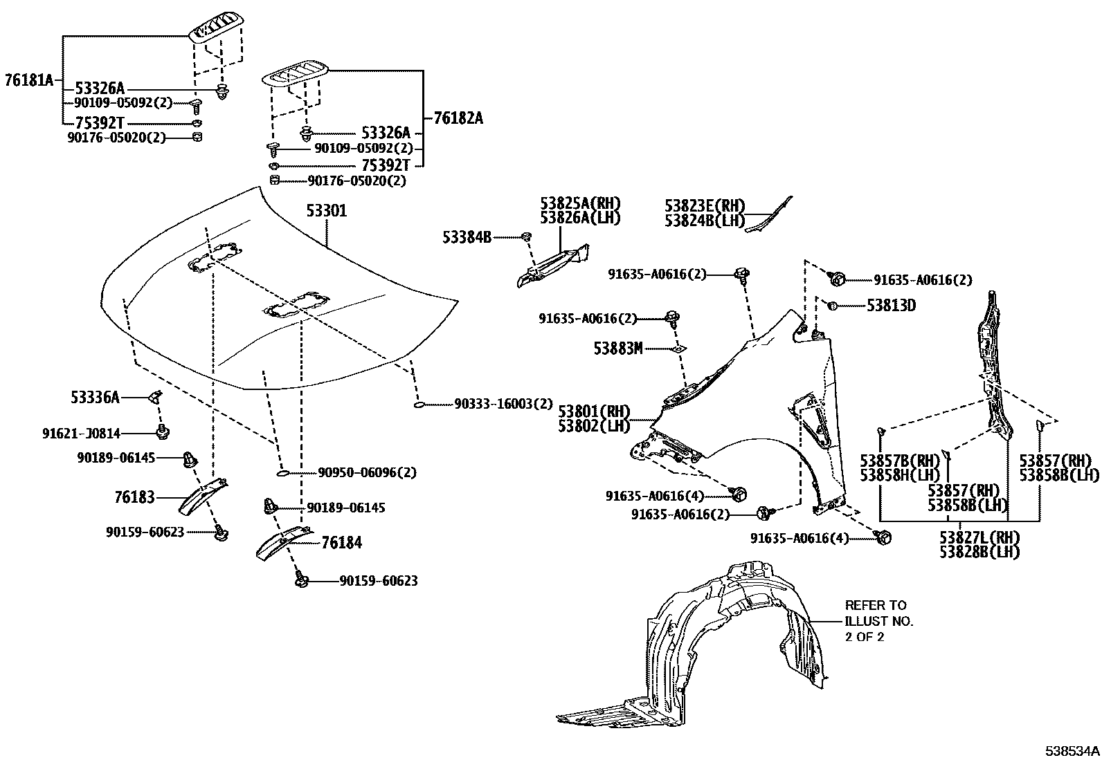 Toyota COROLLA 发动机盖和前翼子板 EPC diagram — 538534A