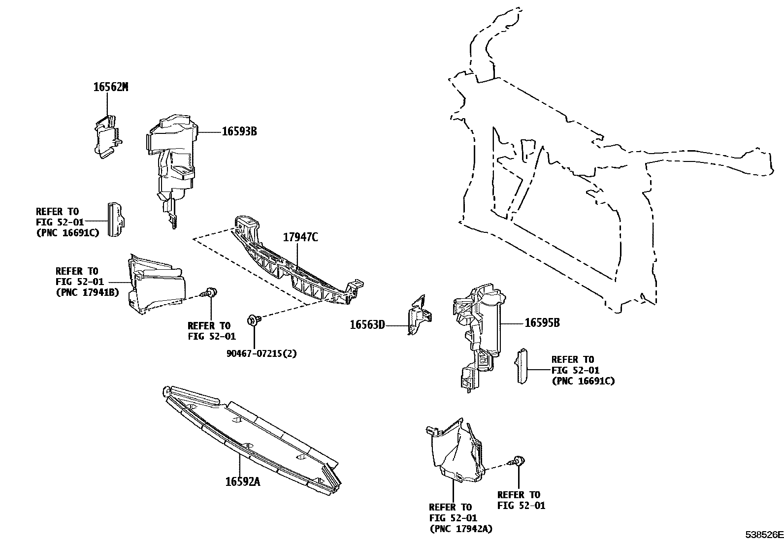 Toyota COROLLA 前翼子板挡泥板和前围板 EPC diagram — 538526E
