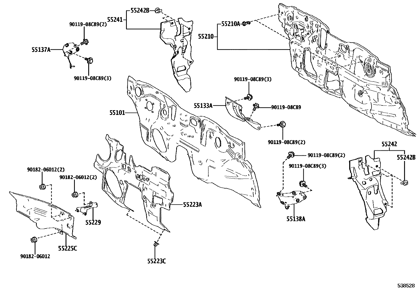Toyota COROLLA 前翼子板挡泥板和前围板 EPC diagram — 538528