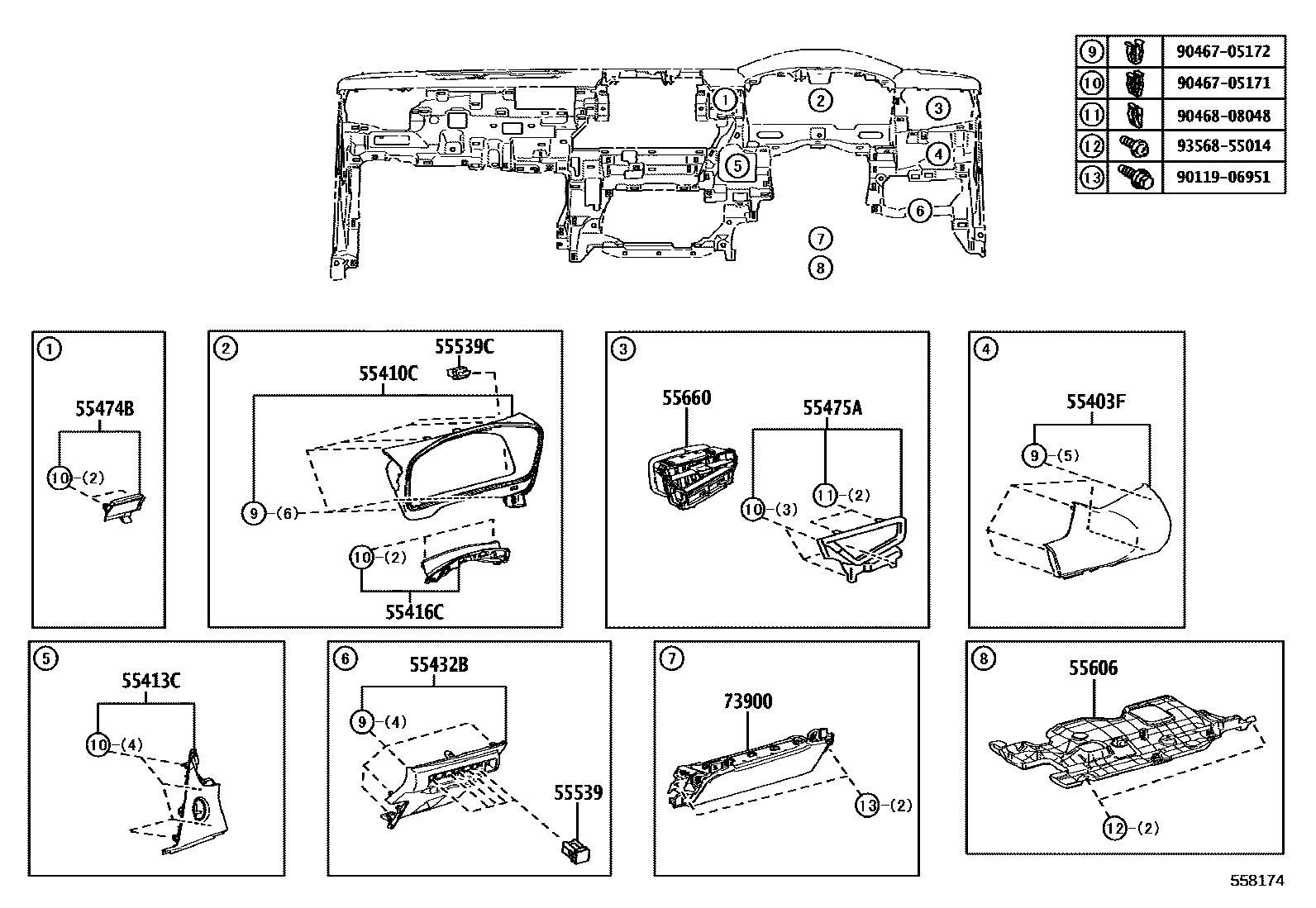 Toyota COROLLA 仪表板和手套箱 EPC diagram — 558174