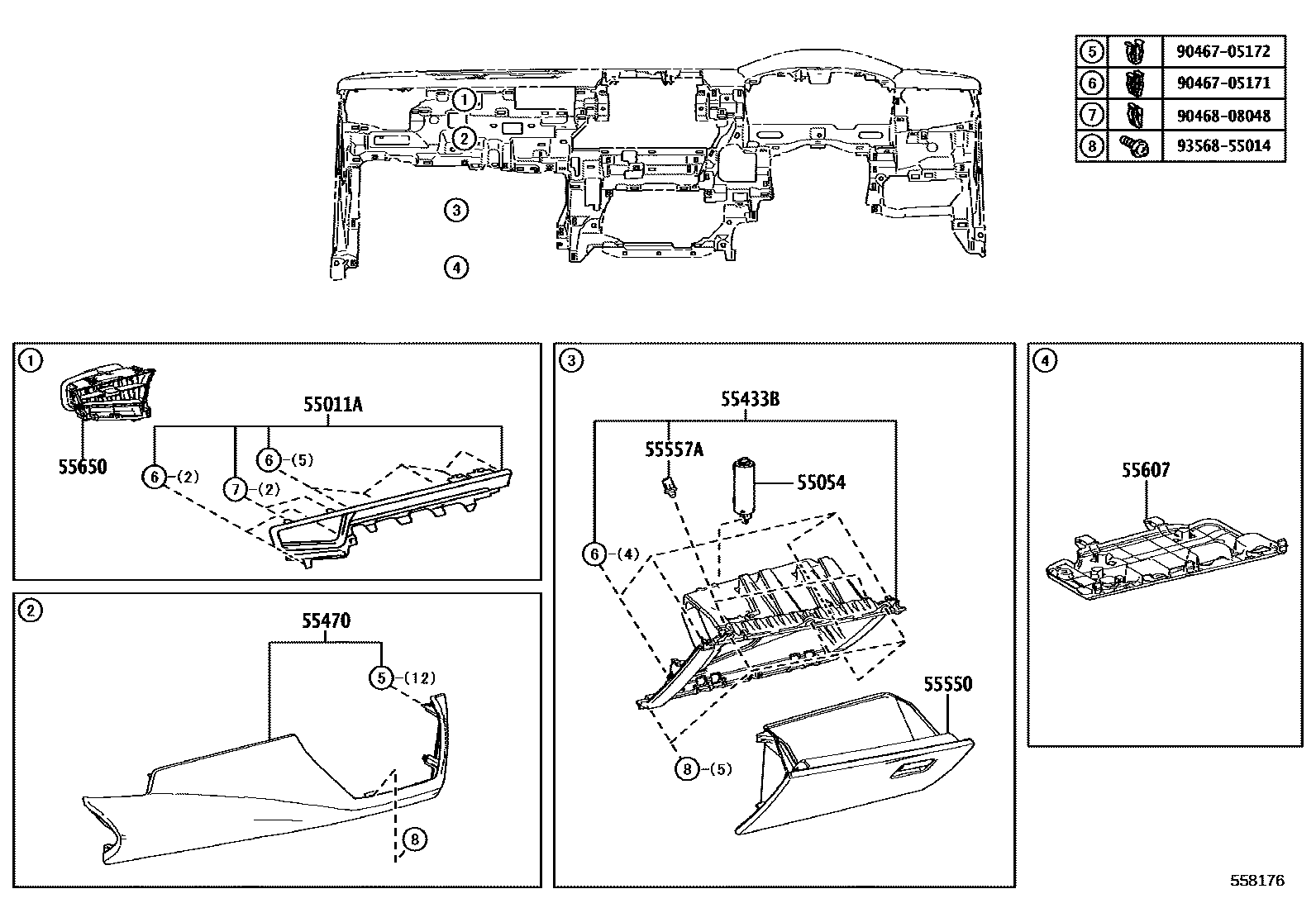 Toyota COROLLA 仪表板和手套箱 EPC diagram — 558176