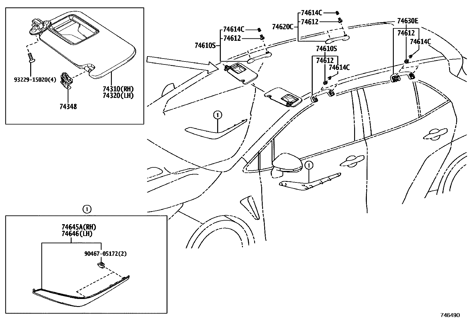 Toyota COROLLA 扶手和遮阳板 EPC diagram — 746490