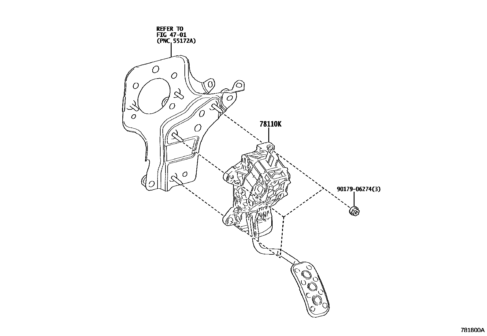 Toyota COROLLA accelerator pedal connecting rod EPC diagram — 781800A