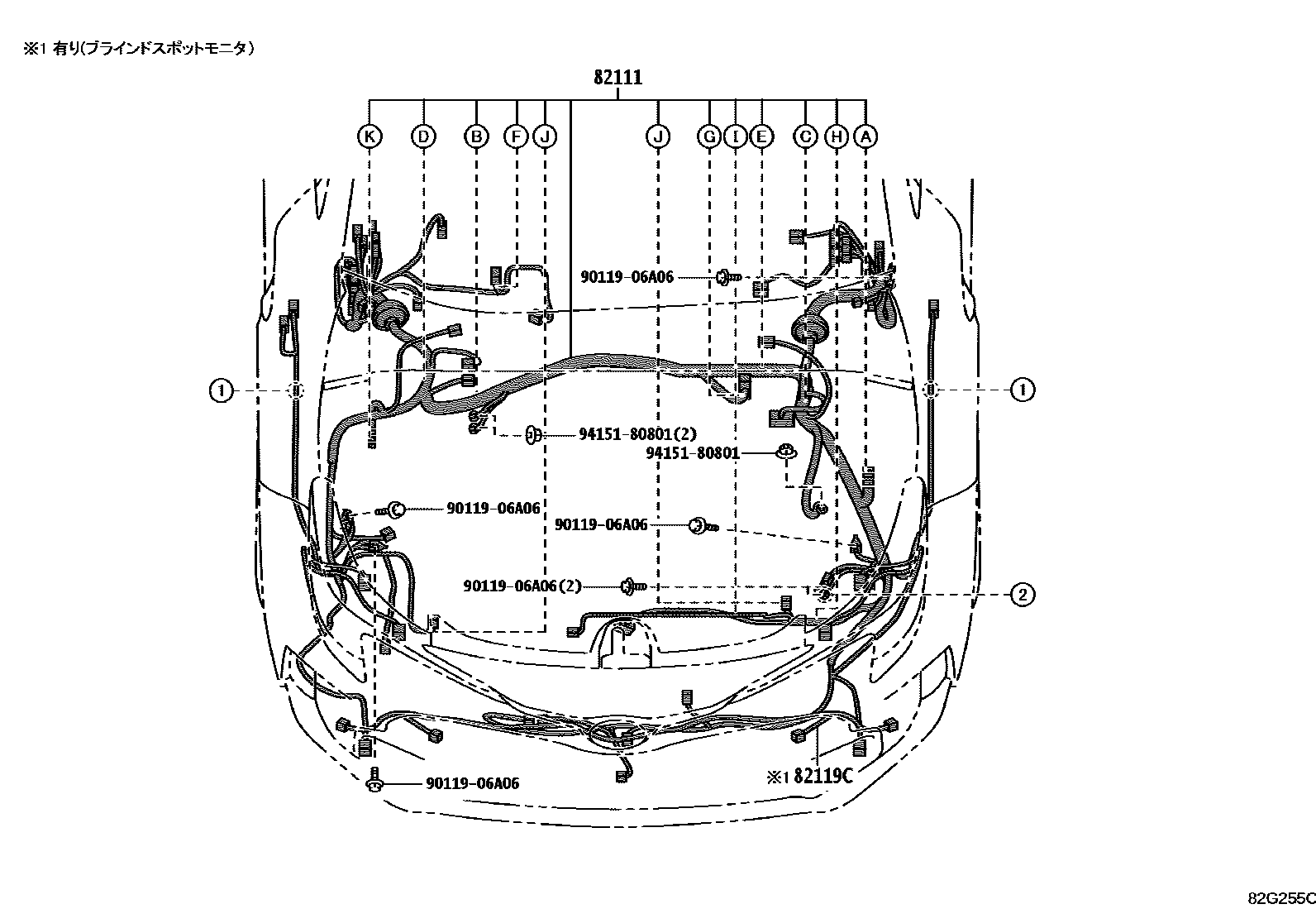 Toyota COROLLA 线束和卡夹 EPC diagram — 82G255C