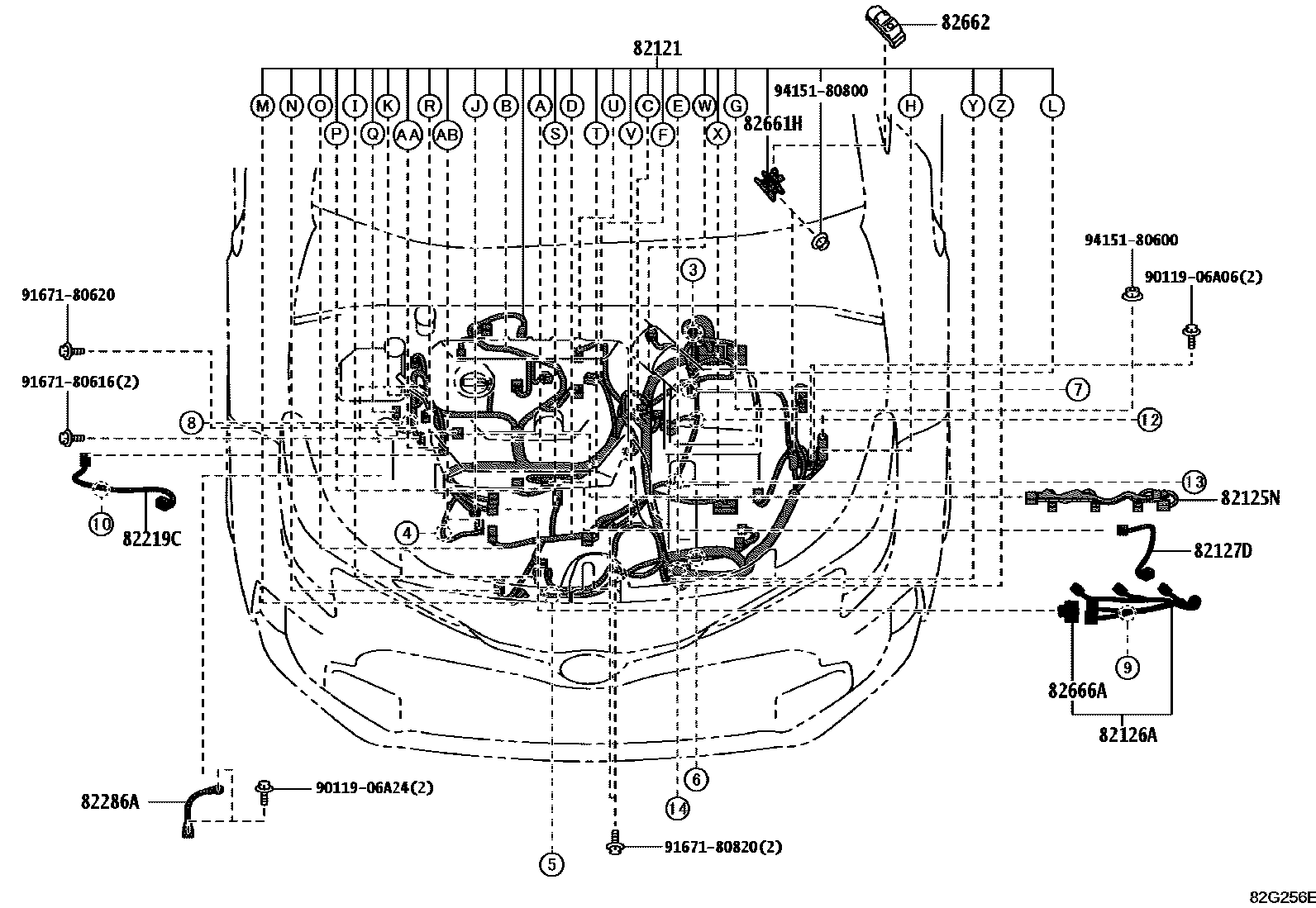 Toyota COROLLA 线束和卡夹 EPC diagram — 82G256E
