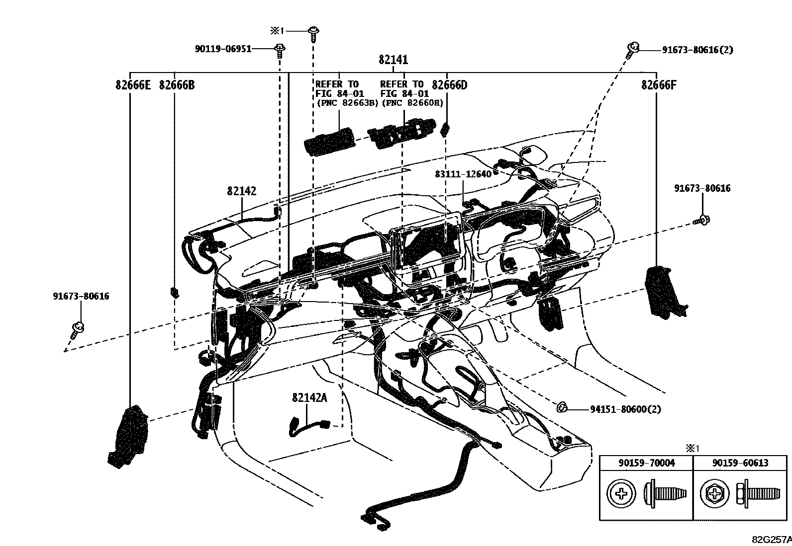 Toyota COROLLA 线束和卡夹 EPC diagram — 82G257B